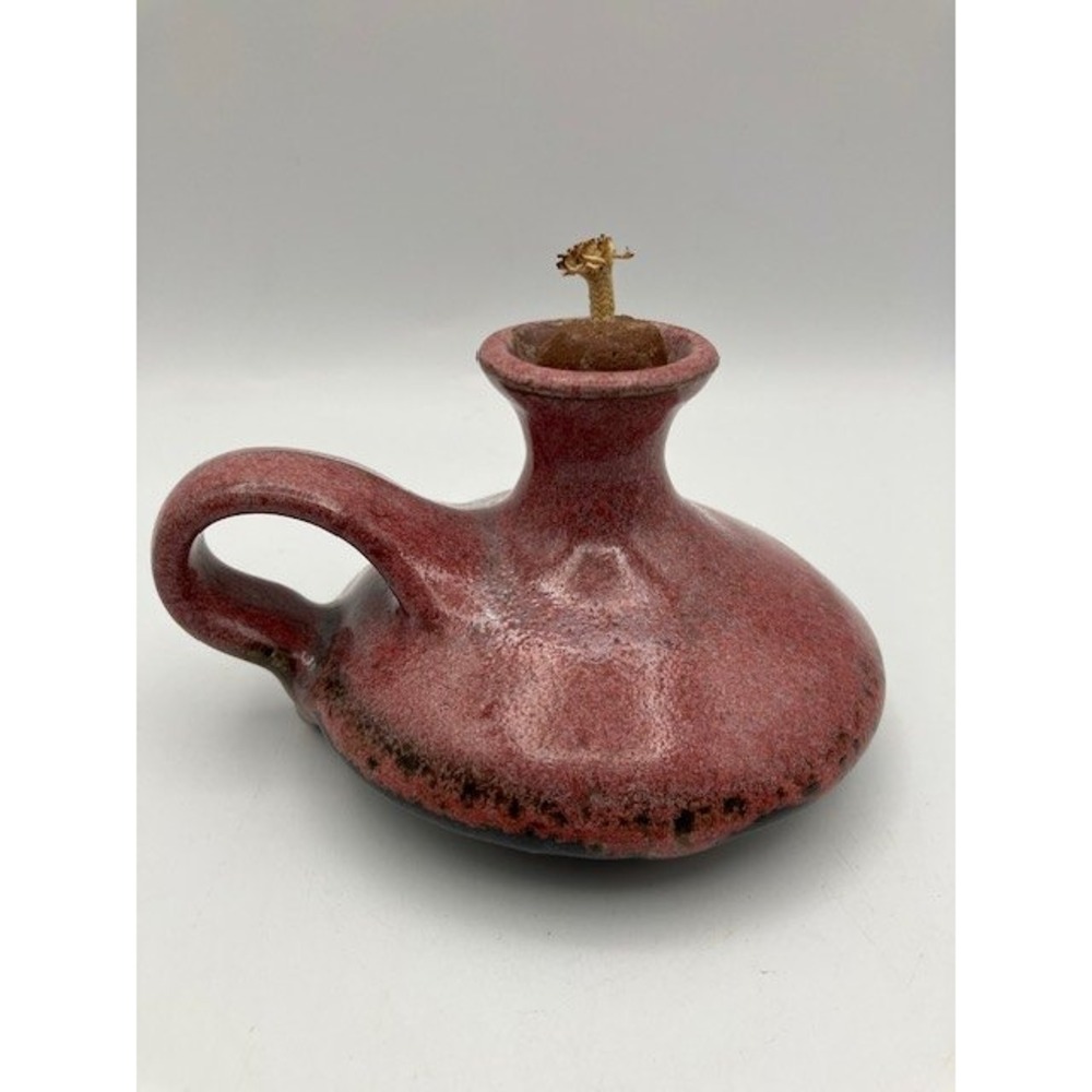 Vintage Handcrafted Ceramic‎ Oil Lamp/Handle/Wick, Dark Pink  Glazed Pottery 3"H